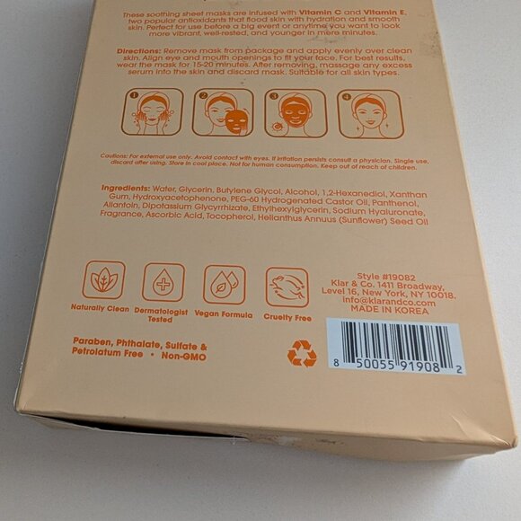 Aura Radiant Vitamin C & Vitamin E Sheet Masks 5 Pack Wrinkle Reducing Hydrating - Picture 4 of 5